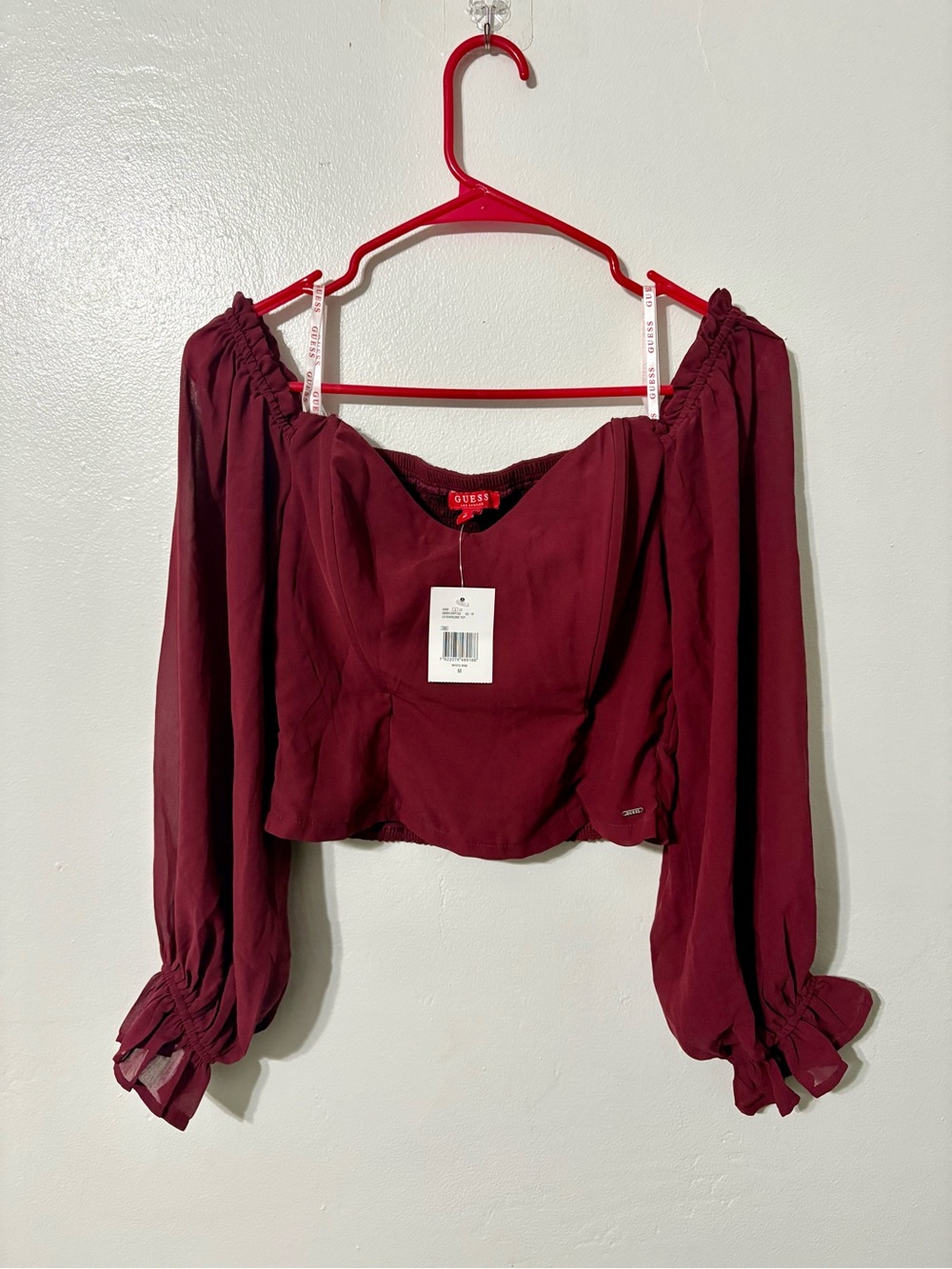 Guess Burgundy Off-Shoulder Long Sleeve Crop Blouse
